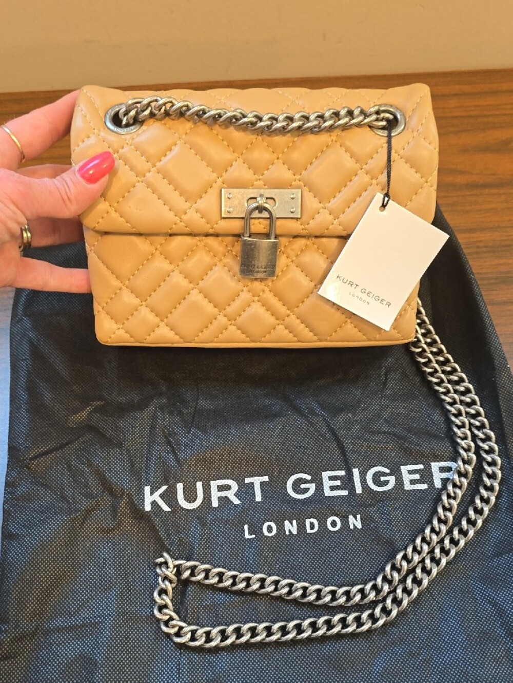 Kurt Geiger Quilted Camel Crossbody Bag with Silver Chain - Picture 2 of 12
